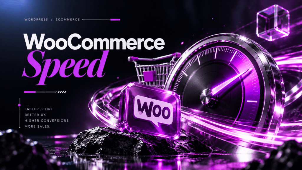 WooCommerce speed optimization: purple Woo badge and shopping cart in front of a glowing speedometer