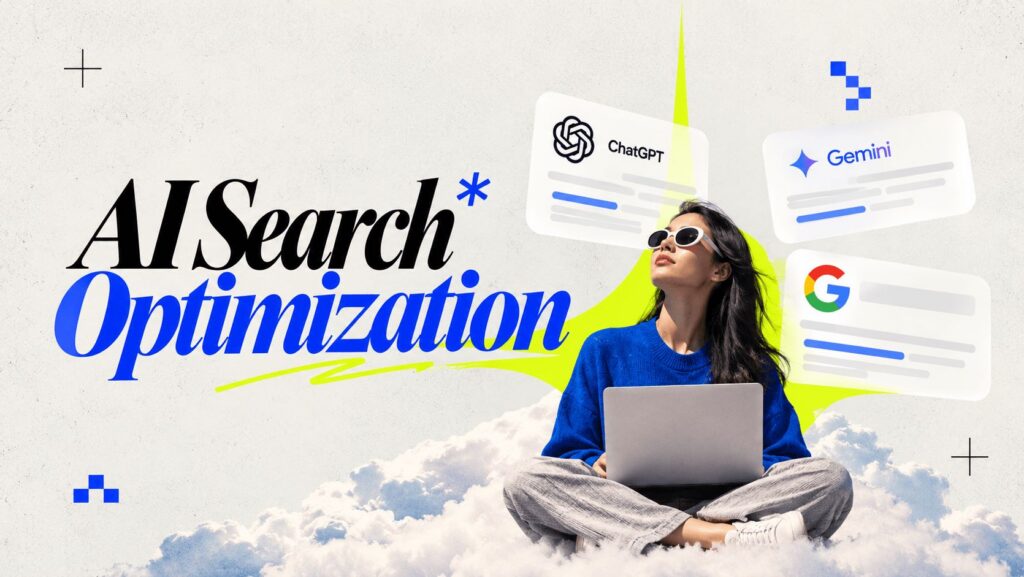 AI search optimization: woman with a laptop on clouds beside ChatGPT, Gemini and Google search result cards