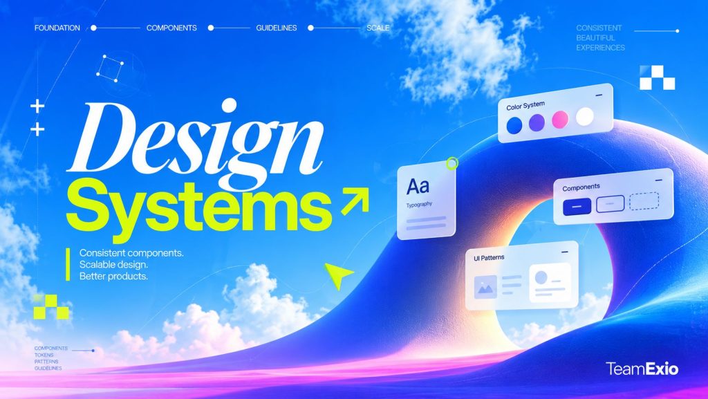Design systems: typography, colour system, components and UI pattern cards floating over a blue sky