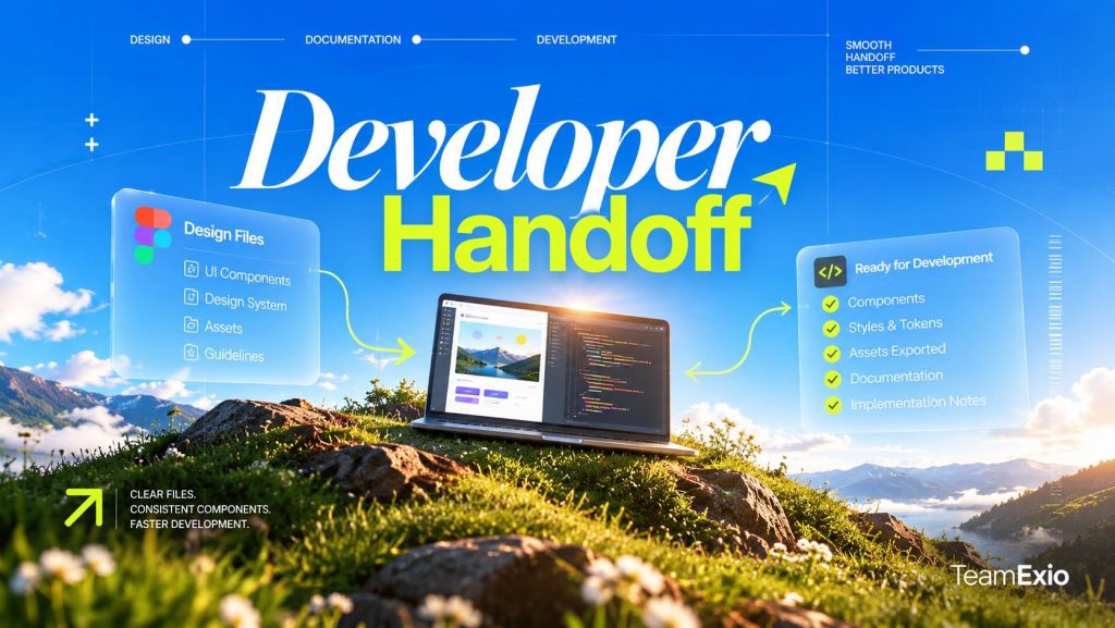 Developer handoff: Figma design files and a ready-for-development checklist around a laptop showing code