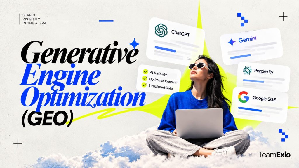 Generative engine optimization (GEO): woman with a laptop on clouds beside ChatGPT, Gemini, Perplexity and Google AI answer cards