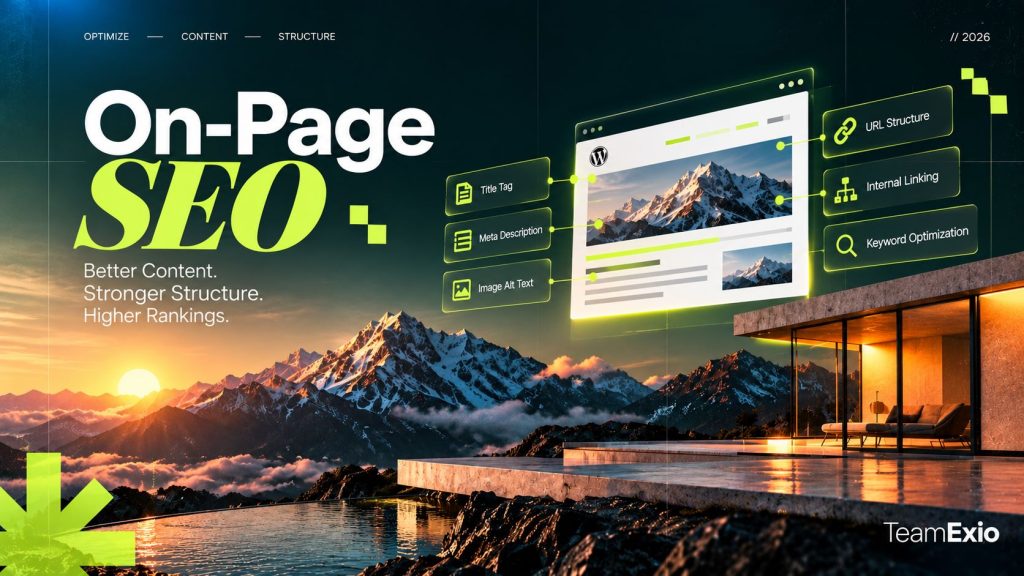 On-page SEO: WordPress page mockup linked to title tag, meta description, image alt text, URL structure and internal linking cards
