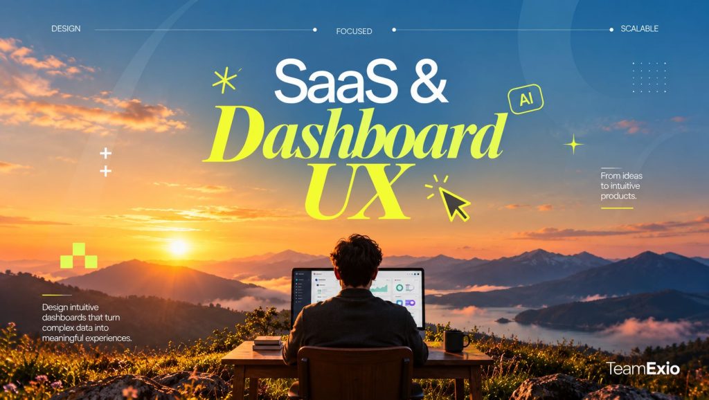 SaaS and dashboard UX: person working on a dashboard at a hilltop desk at sunrise