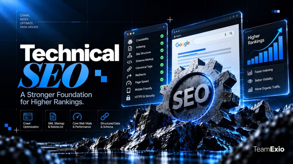 Technical SEO: SEO gear beside a checklist of crawlability, indexing, schema, canonicals and redirects, and a rising rankings chart