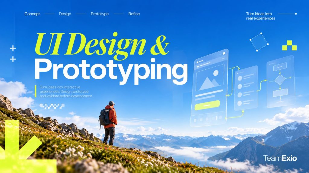 UI design and prototyping: hiker on a mountain ridge beside floating app screens linked into a prototype flow