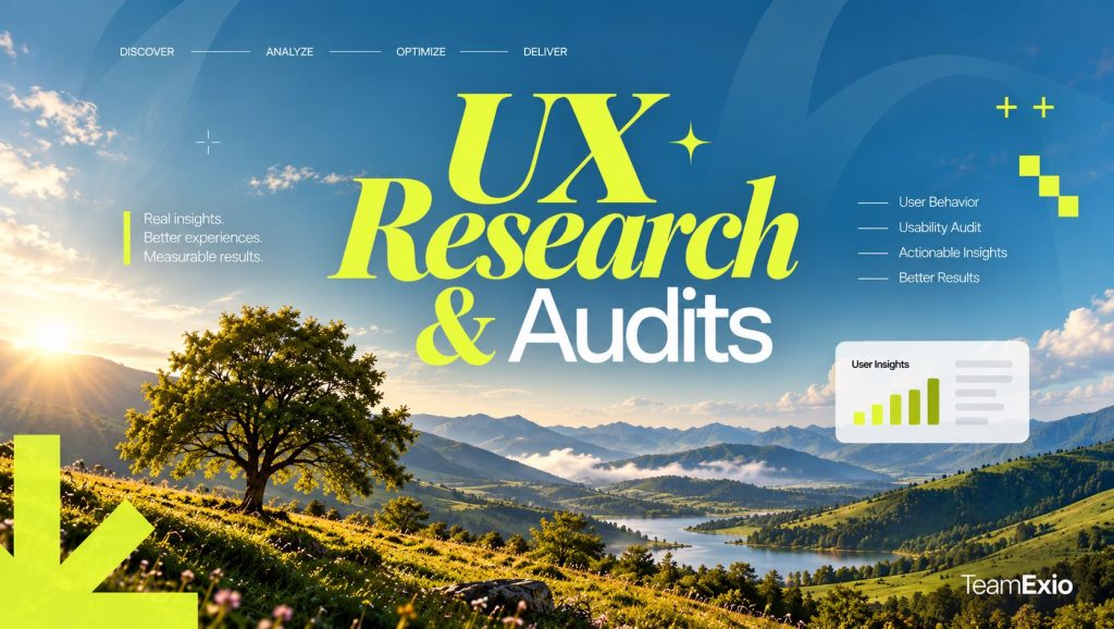 UX research and audits: user behaviour, usability audit and user insights chart over a sunlit valley with a lake