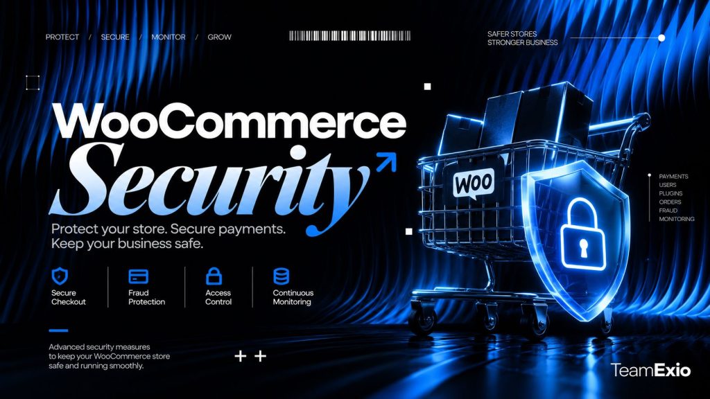 WooCommerce security: shopping cart with a Woo badge behind a glowing padlock shield