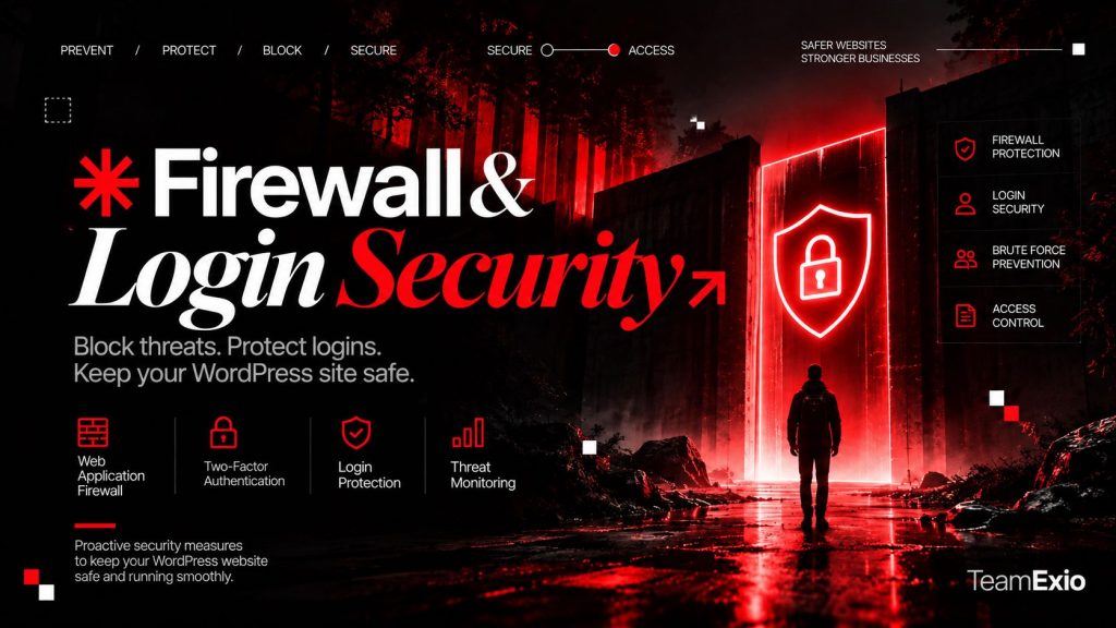 WordPress firewall and login security: person facing a red-lit gate with a shield and padlock, beside firewall, login and access control notes
