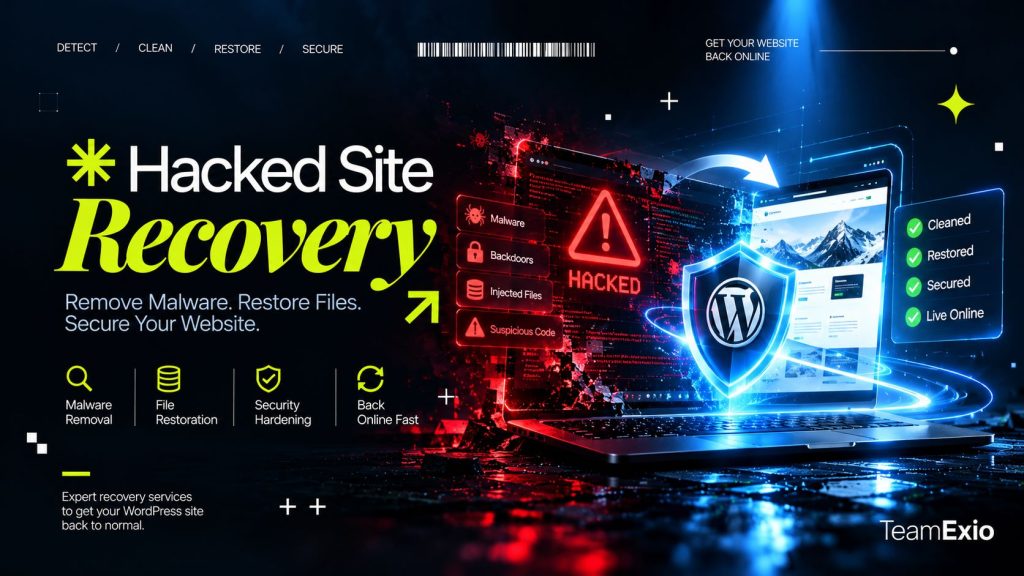 WordPress hacked site recovery: hacked laptop screen turning into a restored, secured site behind a WordPress shield