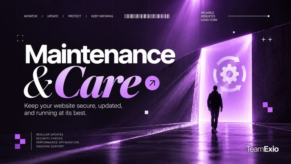WordPress maintenance and care: person walking toward a glowing doorway with an update and settings icon