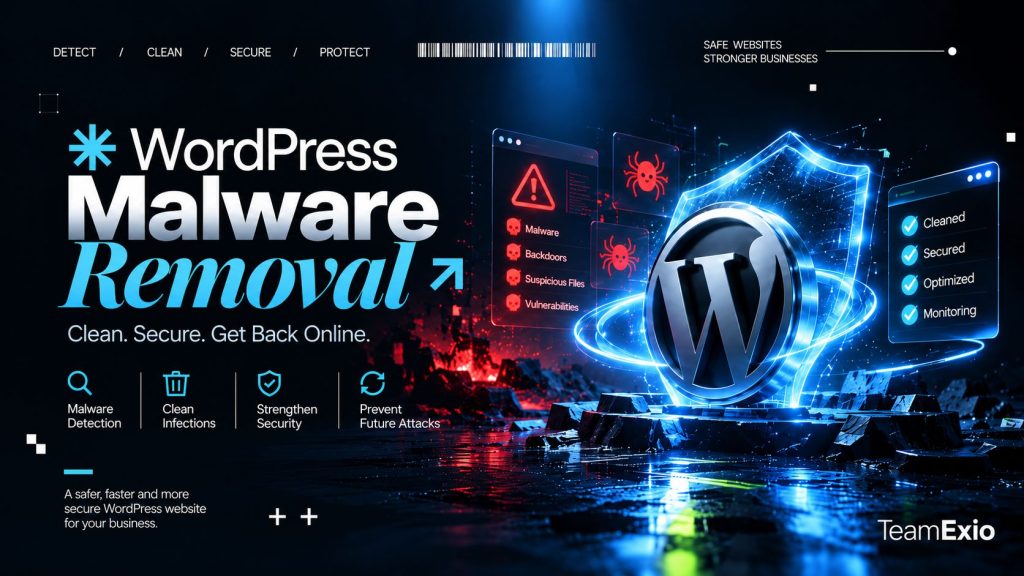 WordPress malware removal: glowing WordPress shield beside malware, backdoor and suspicious file alerts and a cleaned, secured checklist