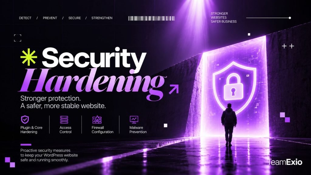 WordPress security hardening: person walking toward a glowing shield and padlock doorway in a purple corridor