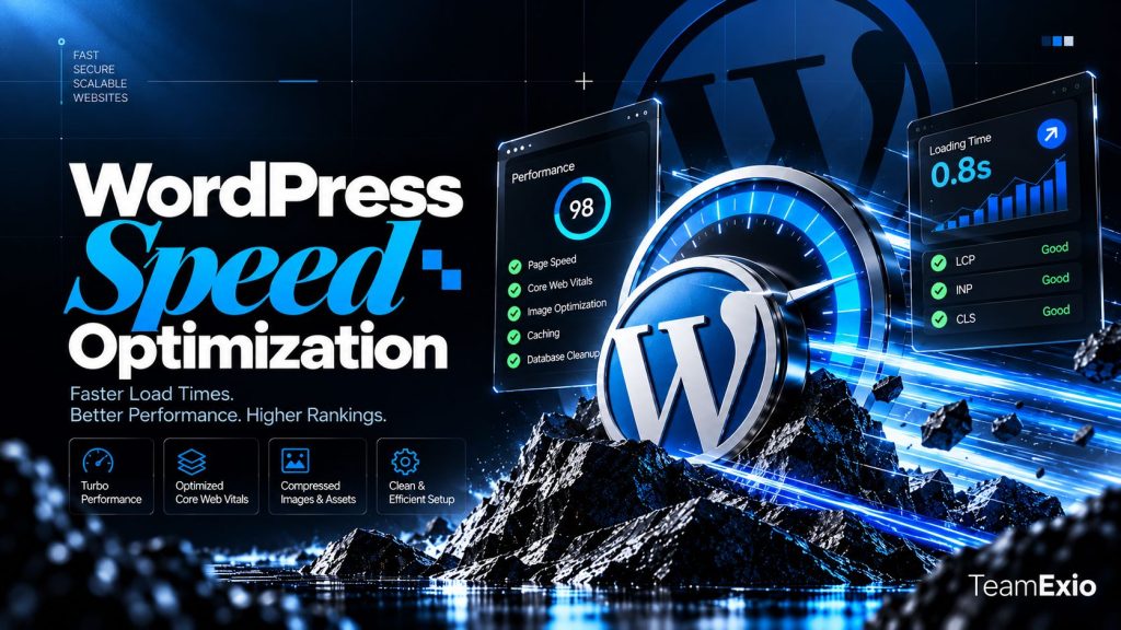 WordPress speed optimization: WordPress logo on a glowing speedometer beside a performance score of 98, 0.8s load time and good Core Web Vitals